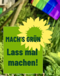 Bild mit Sonnenblume vor Regenbogenflagge mit dem Wahlslogan: Lass mal machen!